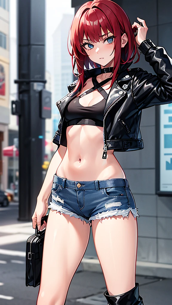 18 year old young girl, red hair combined with gray color, blue eyes with gray, black leather jacket, short white shirt, hot blue short jean shorts, aura around the body dark red, serious look, sexy, with fringe, disheveled, torn clothes, wound