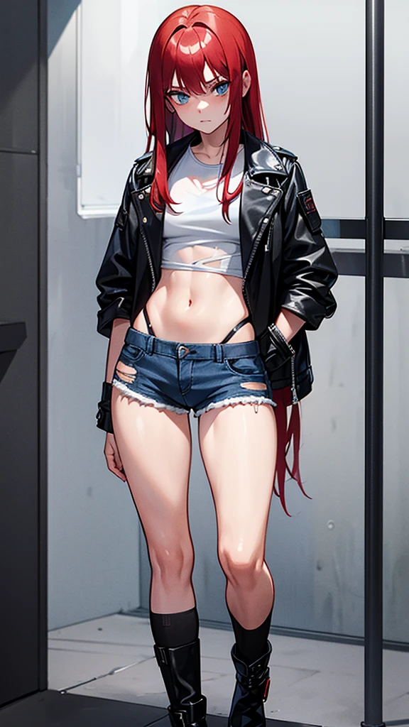 18 year old young girl, red hair combined with gray color, blue eyes with gray, black leather jacket, short white shirt, hot blue short jean shorts, aura around the body dark red, serious look, sexy, with fringe, disheveled, torn clothes, wound