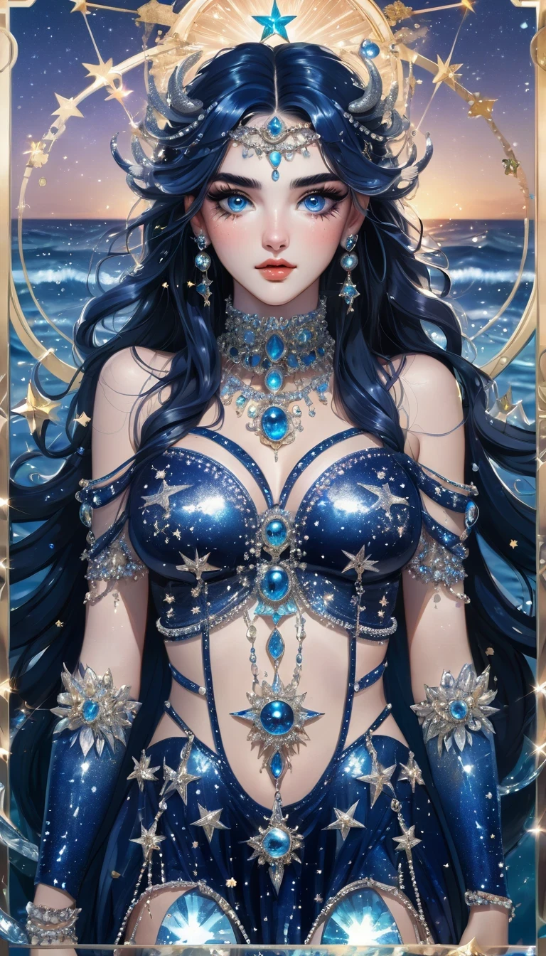 ( High quality , Ultra-detail, carefully with your hand )Zodiac sign - Sagittarius goddess , Similar to Latin goodness . Optimistic, Honest-minded, funny and intellectual face . Reckless, Kaltherzig, impatient, Exuberant style . dark blue eyes (eye detail) , deep blue hair with bling-bling , Transparent dress , in the ocean with stars , full entire body , Feuer-Make-up-Look , Gott Chiron