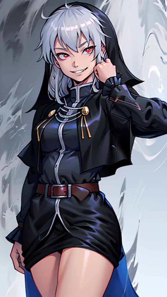 Highly detailed, 1 girl, goeniko, Very pale skin, greyish white hair, shiny red eyes, evil smile, black goeniko's clothes, medium buson, curvy body, looking to the viewer, pit Black clothes