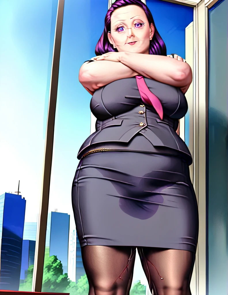 (masterpiece:1.37), best quality, (extremely detailed:1.37), office, window overlooking a bustling cityscape, woman, (mature:1.75), (very long hair:1.25), dark purple hair, purple eyes, (extremely detailed eyes:1.37) shining eyes, breasts, business suit, necktie, (very long pencil skirt:1.5), pantyhose, (wetting herself:1.5), standing, (arms crossed:1.5), (desperation:1.75), dignified, stoic expression, full body, high heels, day, daytime, glow, looking at viewer, perfect composition, Perfect light and shadow, 8K