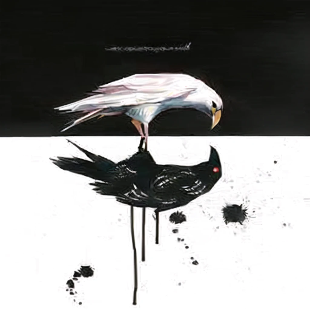 bird with a black beak and a white bird with a red beak, by Hannah Frank, kathe butcher, Direction: Emily Shanks, artistic drawing of a crow