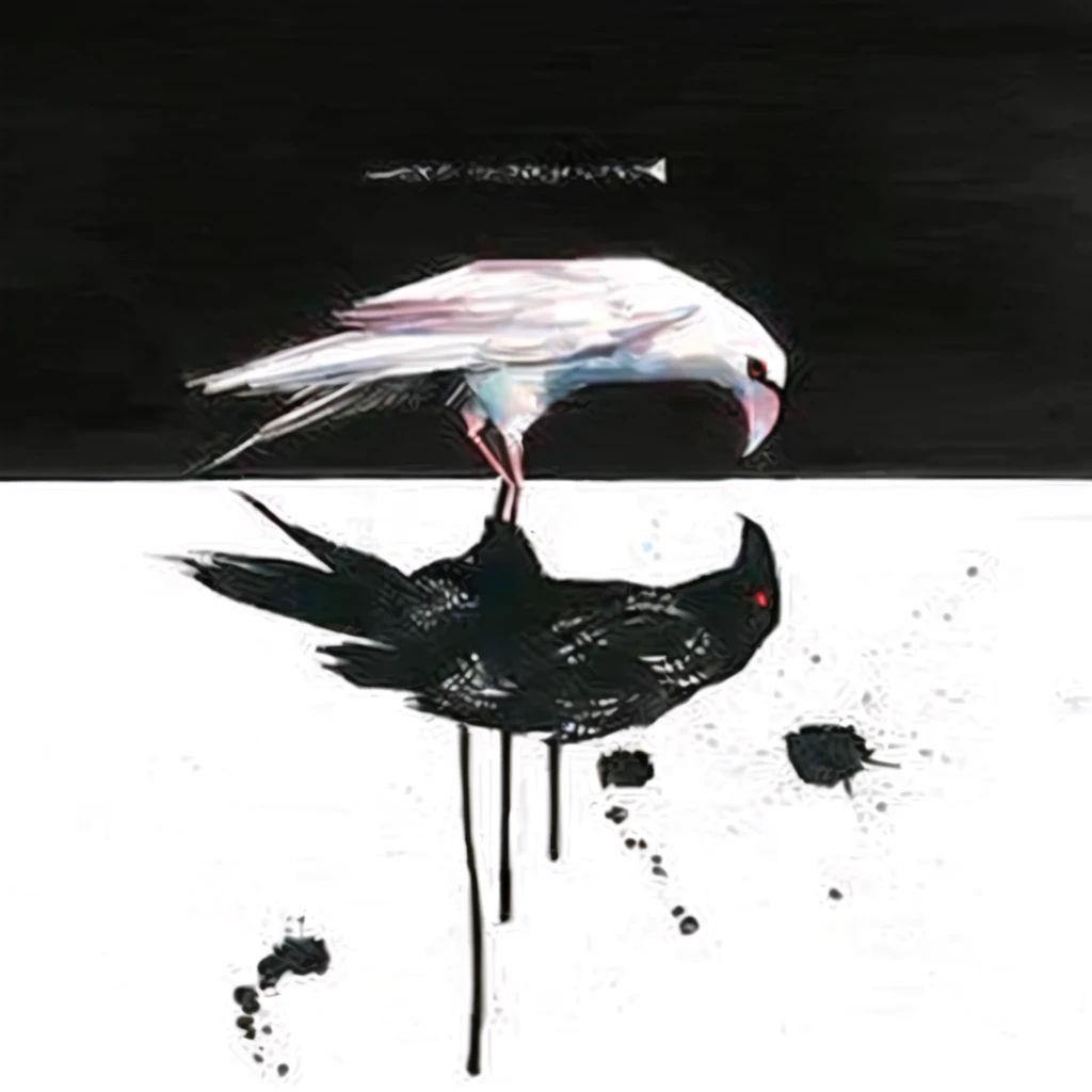 bird with a black beak and a white bird with a red beak, by Hannah Frank, kathe butcher, Direction: Emily Shanks, artistic drawing of a crow