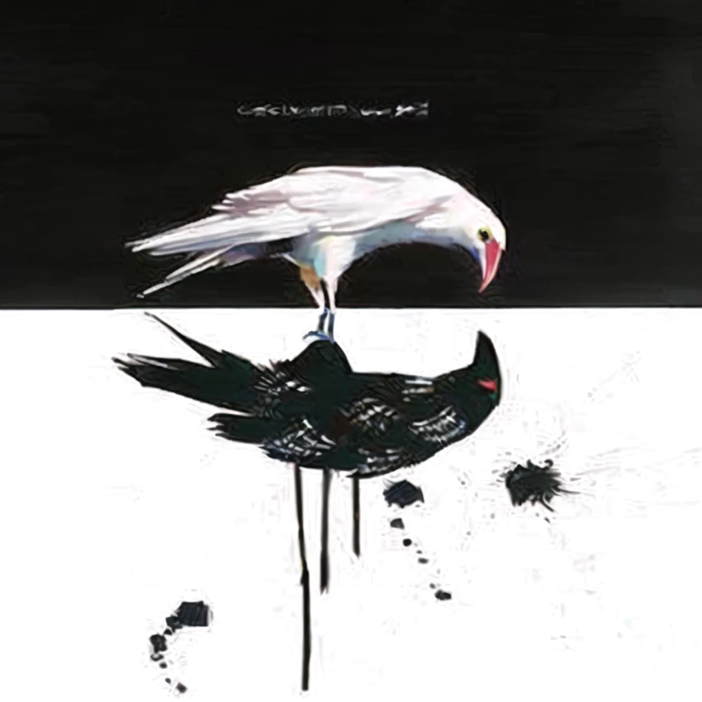 bird with a black beak and a white bird with a red beak, by Hannah Frank, kathe butcher, Direction: Emily Shanks, artistic drawing of a crow