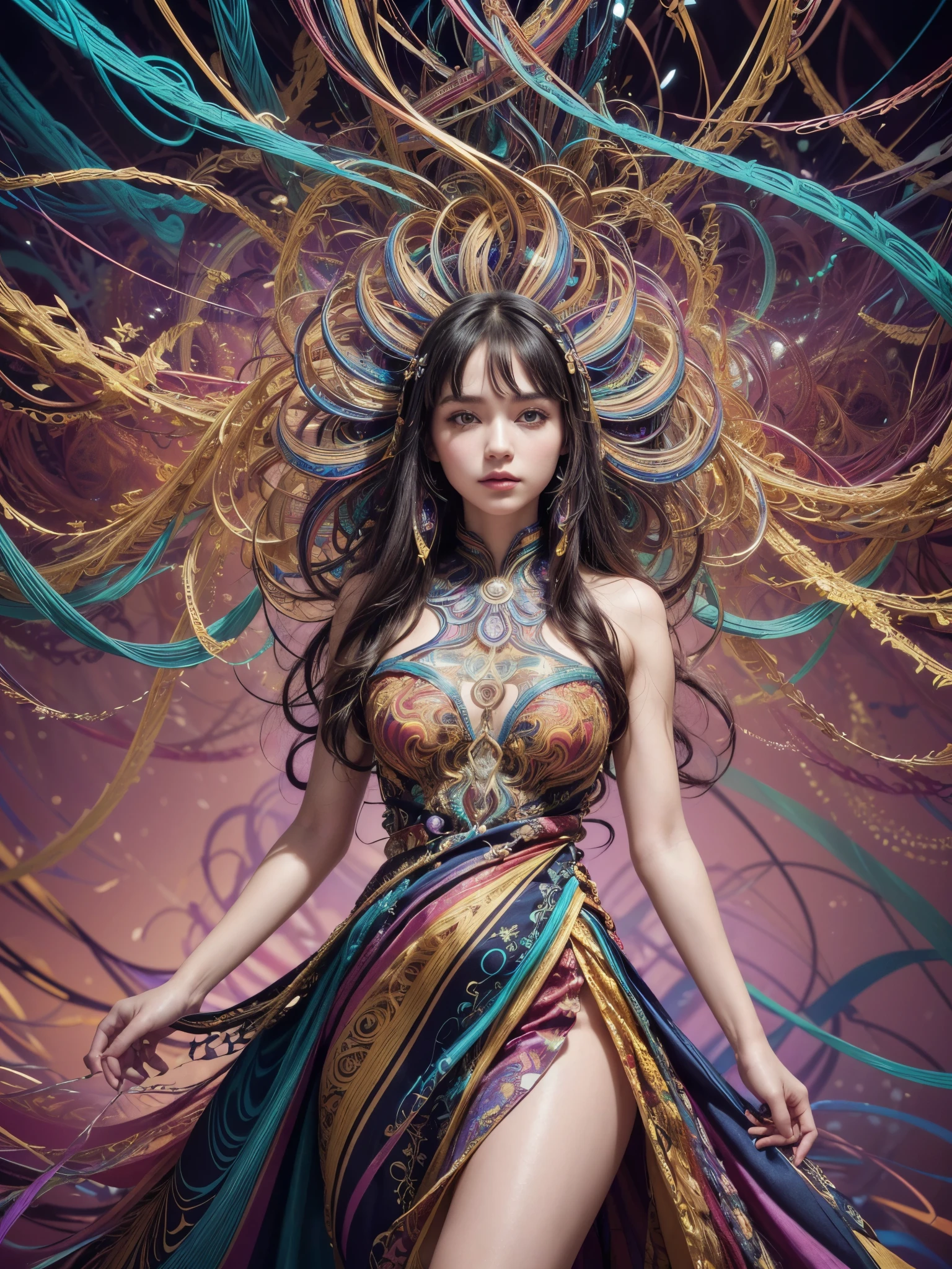 (work of art, maximum quality, best qualityer, offcial art, beautiful and aesthetic:1.2), (1 girl:1.3), extremely detaild,(Fractal Art:1.2),colorfully,More Detailed,(tangle:1.2), (dynamic pose), (abstract background:1.5), (traditional dress:1.2), (shining skin), (many colors:1.4), trunk