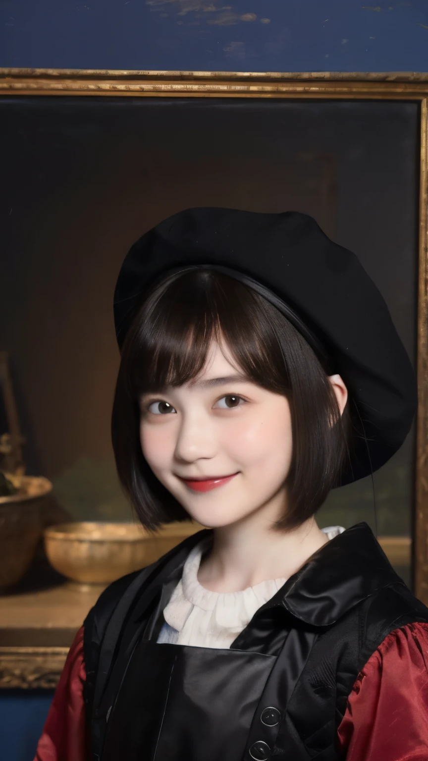 252 (18 year old female and 18 year old male), (short hair),kind, lipstick, (Rembrandt-style painting), smile