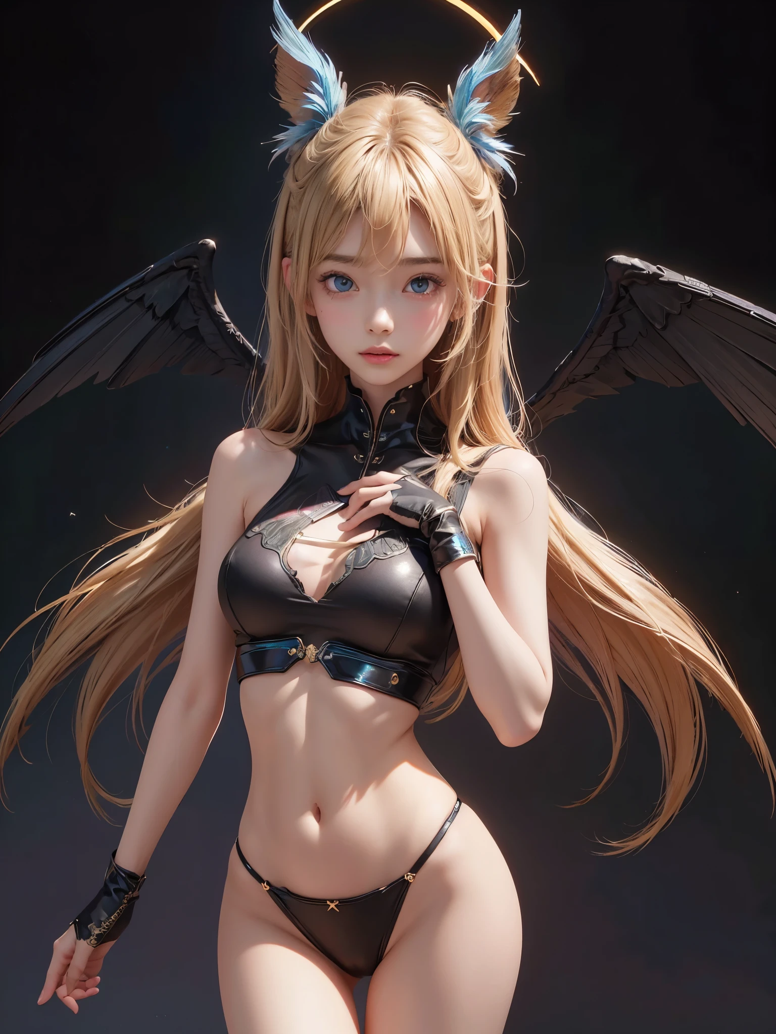 Polychrome,, night, dark, blonde, Show Viewer, In-person audience, Limited Edition Palette, Black background, Shine,(Highly detailed CG Unity 8k wallpaper),(masterpiece), (Highest quality), (Vaporwave Style), (Super detailed), (Best illustrations),(Best Shadow),Perfect lighting , Perfect Anatomy , Vibrant colors、2There are slim girls、fly with wings、