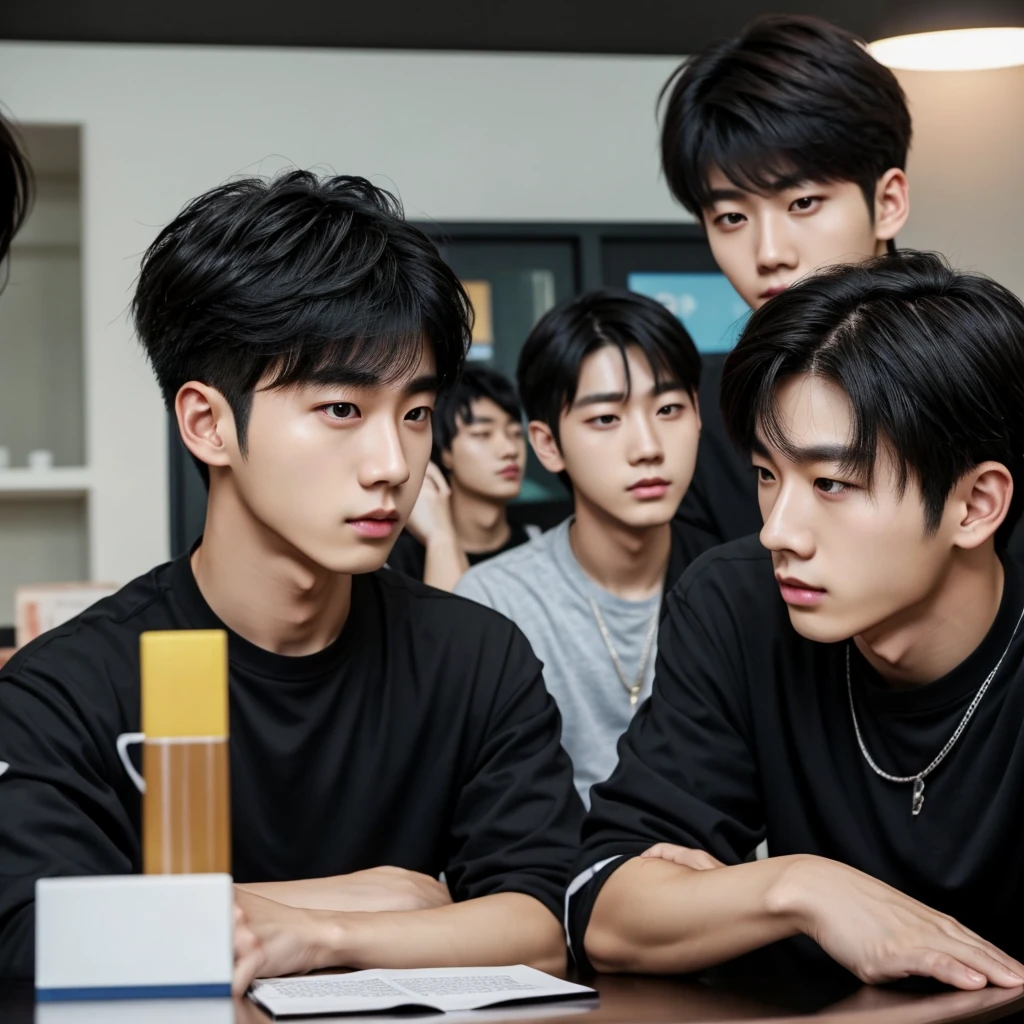 there is a young man with a black shirt sitting at a table, cai xukun, taejune kim, jinyoung shin, hyung tae, kim doyoung, headshot profile picture, jaeyeon nam, hong june hyung, jung jaehyun, male ulzzang, wan adorable Chinese face, antilous chao, yuya nagai, with short hair, hair color is black, black , is cute, realistic human being who looks like actual person