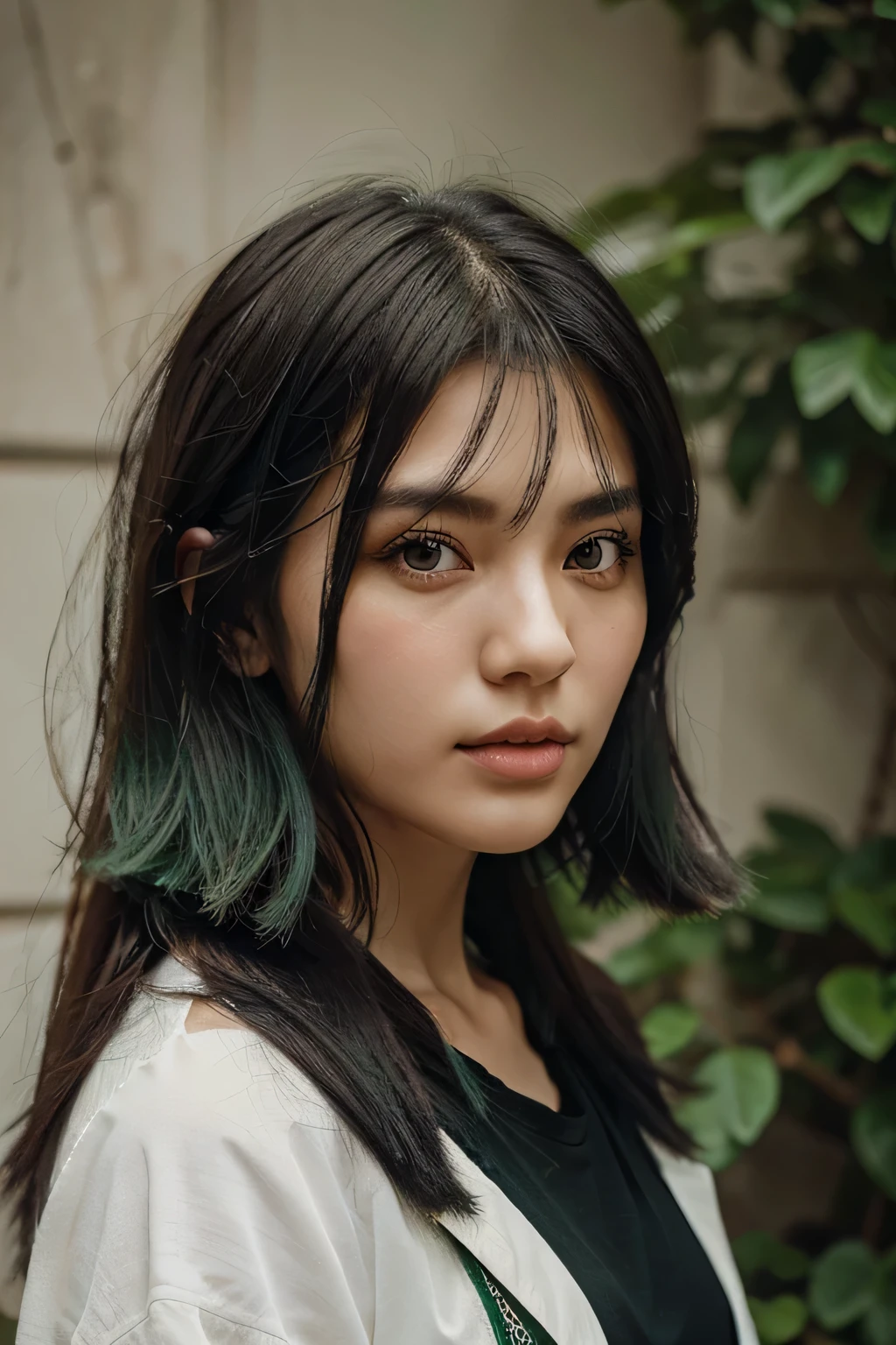a girl with long wolf cut hairstyle, green and black hair, looking forward, beautiful face, masterpiece, best quality, boyish clothing, korean girl, green eyes, masterpiece, portrait.