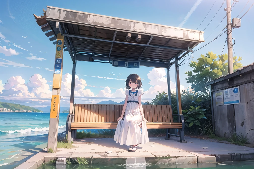 masterpiece, best quality, high resolution, extremely detailed CG, Post-apocalyptic, a girl in a white dress on a broken white platform on the sea, a deserted bus stop on the platform, a few pieces of concrete scattered in the water, blue sky, fresh, simple, pastel colors