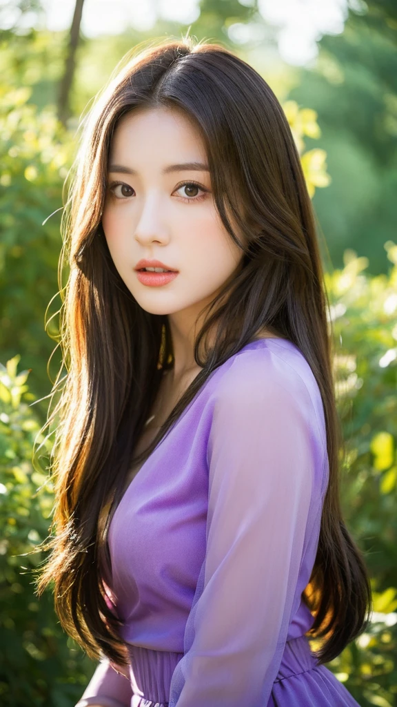 (Genuine, High resolution:1.3), Girl with perfect body, Very beautiful face and eyes,Long Hair,Rapunzel,Purple dress,The background is a forest