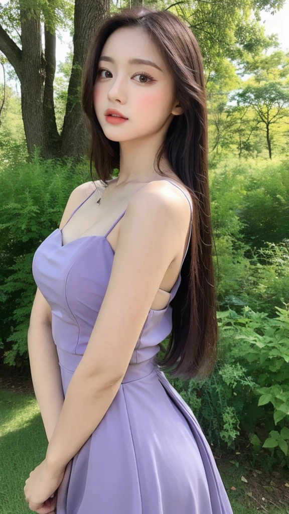 （Genuine， High resolution：1.3）， Girl with perfect body， Very beautiful face and eyes，Long Hair,Rapunzel,Purple dress,The background is a forest