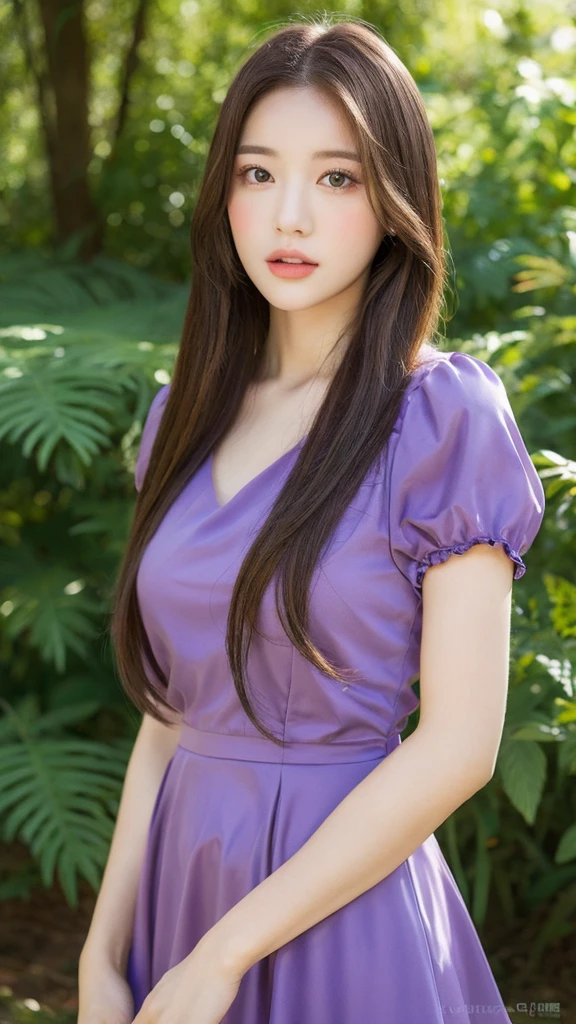 （Genuine， High resolution：1.3）， Girl with perfect body， Very beautiful face and eyes，Long Hair,Rapunzel,Purple dress,The background is a forest