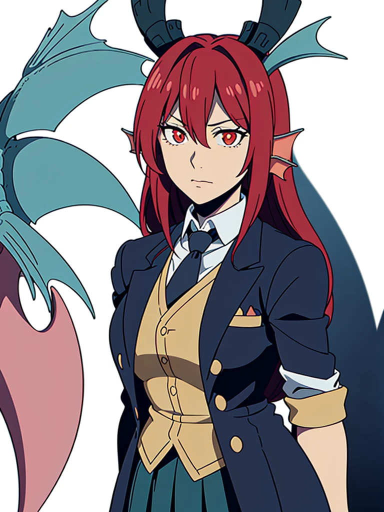1girl ,solo,20s,mature female,red hair,long hair,(white background),shirt,black standard tie,blue blazer,long sleeves, black pleated skirt,(upper body),horns, head fins, slit pupils, scales,
