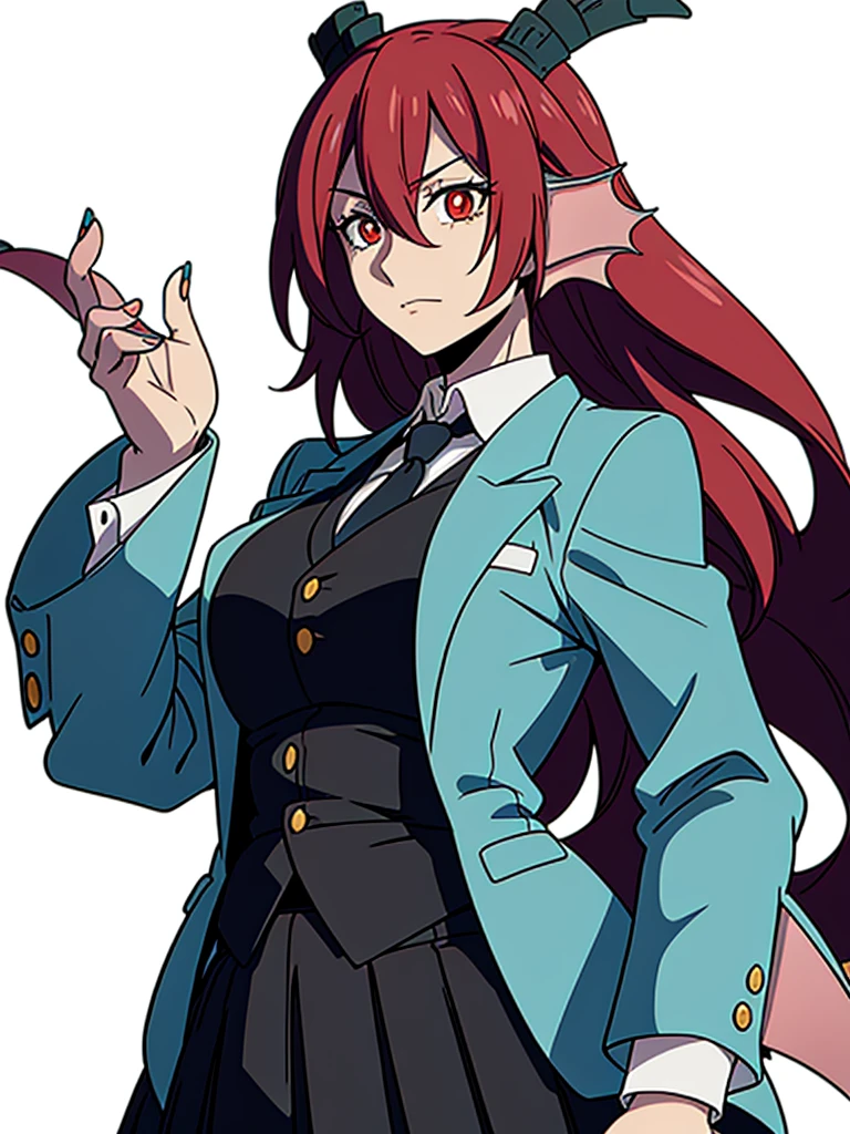 1girl ,solo,20s,mature female,red hair,long hair,(white background),shirt,black standard tie,blue blazer,long sleeves, black pleated skirt,(upper body),horns, head fins, slit pupils, scales,