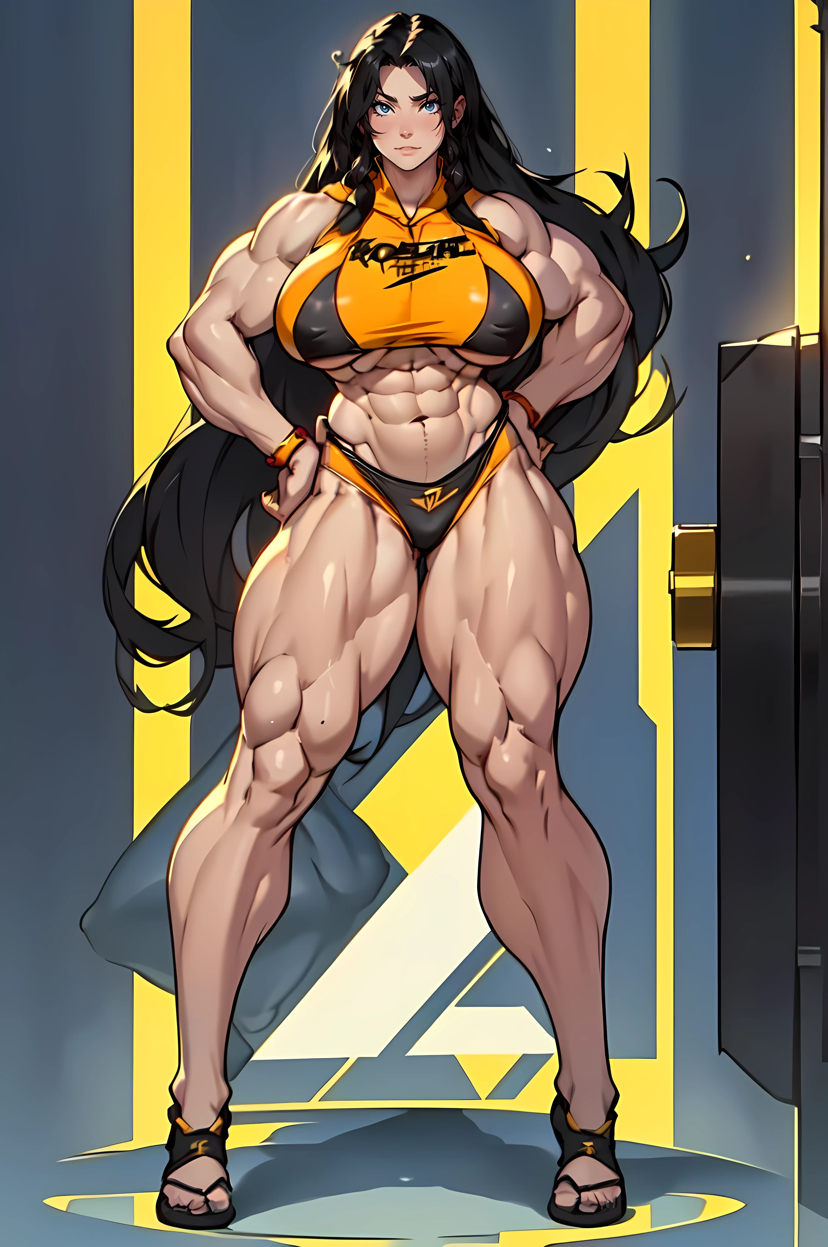 pale skin very long hair black hair yellow eyes ((((((1 girl)))))) (Full Body) ((Tall)) (Wide hips:1.6) (Narrow waist:1.6) ((Long Legs:1.5)) (Massive Female Bodybuilder:1.8) (huge breasts:2)