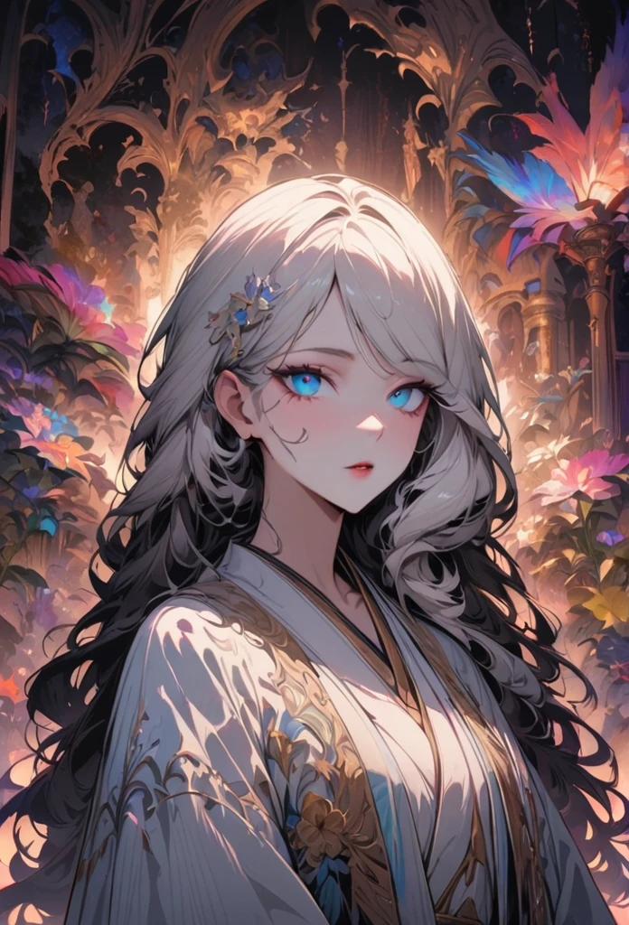 detailed eyes, detailed eye, detailed face, ultra high definition, retina, precise, anatomically correct, textured skin, Super details, Award-winning, High resolution, best aesthetics, 超High resolution, Clearly, ultra detailed, best quality, high quality, Super quality, 16K, high detail, High resolution, detailed, masterpiece, Fair, detailed skin, whole body, (1 girl), white hair, wavy long hair, blue eyes, white lotus, white lotus robe, (Fair boy with wavy long white hair holding a white lotus flower)