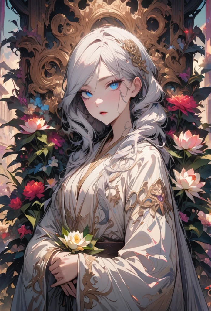 detailed eyes, detailed eye, detailed face, ultra high definition, retina, precise, anatomically correct, textured skin, Super details, Award-winning, High resolution, best aesthetics, 超High resolution, Clearly, ultra detailed, best quality, high quality, Super quality, 16K, high detail, High resolution, detailed, masterpiece, Fair, detailed skin, whole body, (1 girl), white hair, wavy long hair, blue eyes, white lotus, white lotus robe, (Fair boy with wavy long white hair holding a white lotus flower)