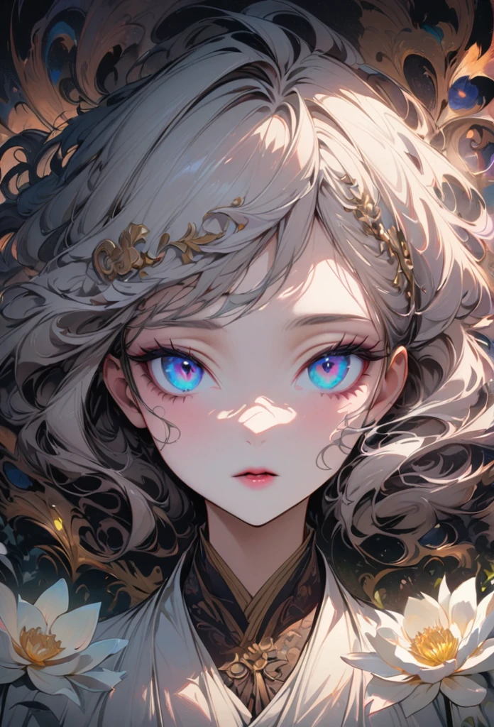 detailed eyes, detailed eye, detailed face, ultra high definition, retina, precise, anatomically correct, textured skin, Super details, Award-winning, High resolution, best aesthetics, 超High resolution, Clearly, ultra detailed, best quality, high quality, Super quality, 16K, high detail, High resolution, detailed, masterpiece, Fair, detailed skin, whole body, (1 girl), white hair, wavy long hair, blue eyes, white lotus, white lotus robe, (Fair boy with wavy long white hair holding a white lotus flower)
