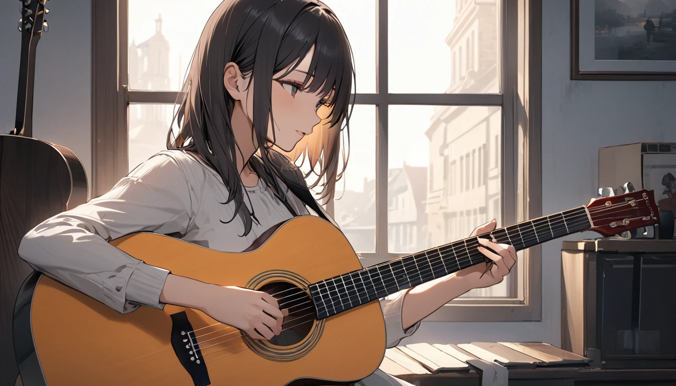 (Highest quality), One girl,Playing Acoustic Guitar,In front of a large window,It's raining outside
