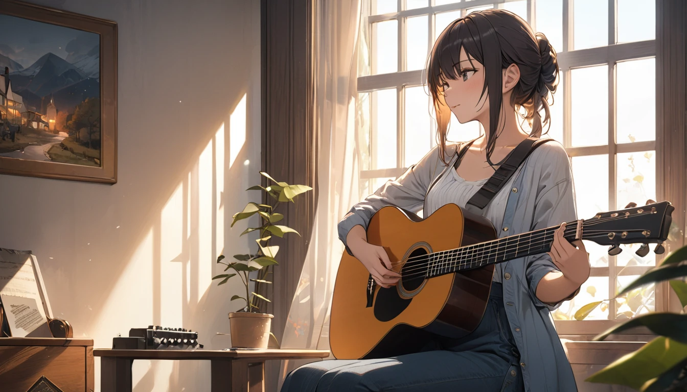 (Highest quality), One girl,Playing Acoustic Guitar,In front of a large window,It's raining outside