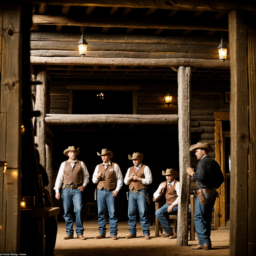 Late in the evening, a shootout occurs in a saloon near the ranch., black old cowboy Joe stands in the center of the saloon, bullets fly next to him,three more cowboys stand on the sides and defend themselves from Joe, one of them is one-eyed, the other is muddy and thin, A deaf man is dancing in the corner of the saloon, there is a piano next to him, riddled with bullets.