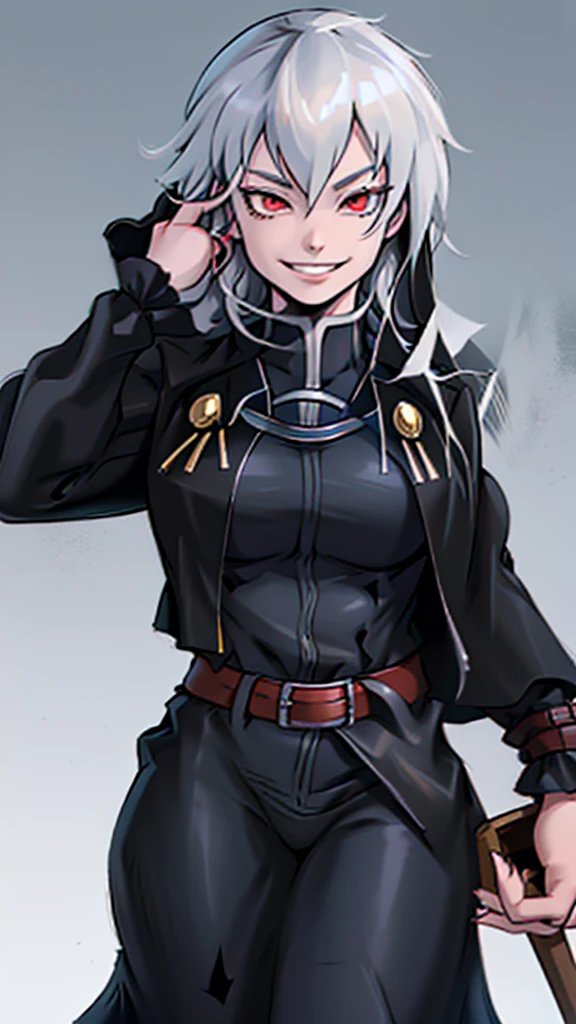 Highly detailed, 1 girl, goeniko, Very pale skin, greyish white hair, shiny red eyes, evil smile, black goeniko's clothes, medium buson, curvy body, looking to the viewer, pit Black clothes