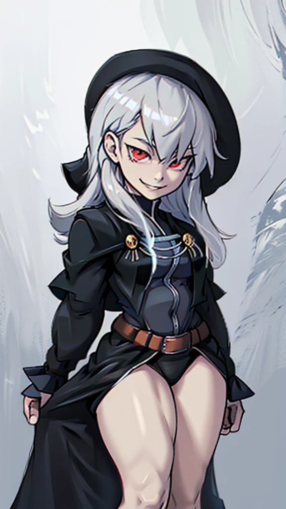 Highly detailed, 1 girl, goeniko, Very pale skin, greyish white hair, shiny red eyes, evil smile, black goeniko's clothes, medium buson, curvy body, looking to the viewer, pit Black clothes