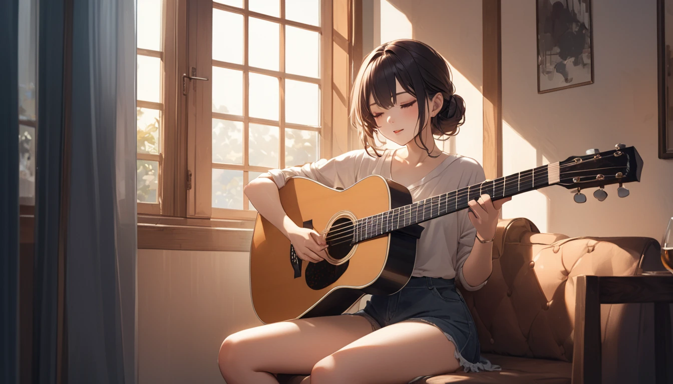 (Highest quality), One girl,Playing Acoustic Guitar,In front of a large window,It&#39;s raining outside