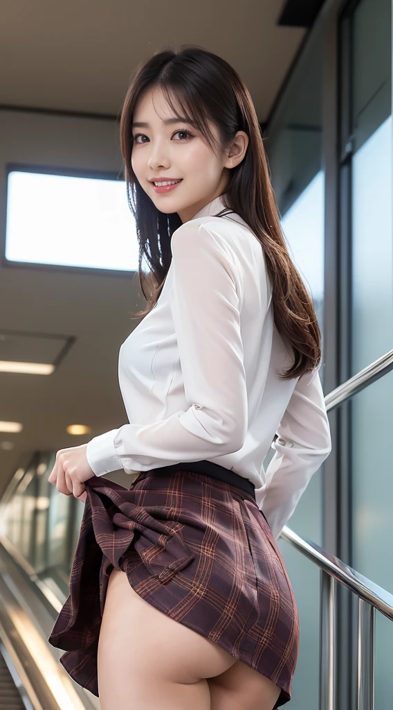 (8K, best quality, masterpiece:1.2), (realistic, photo-realistic:1.37), (high color saturation:1.0), (highly detailed skin), (highest quality:1.0), (ultra high resolution:1.0) ,(realistic:1.0), (Super detailed:1.0), (8K, Raw photo:1.1)、standing random pose, smiling, natural breast, perfect lighting, 22years old, (mysterious), clear and detailed, ((japaniese_office_uniform, flared skirt, sexy_blouse)), (indoor office, escalator), surprised face, ((looking at back viewer)), ((low angle photo)), panties,