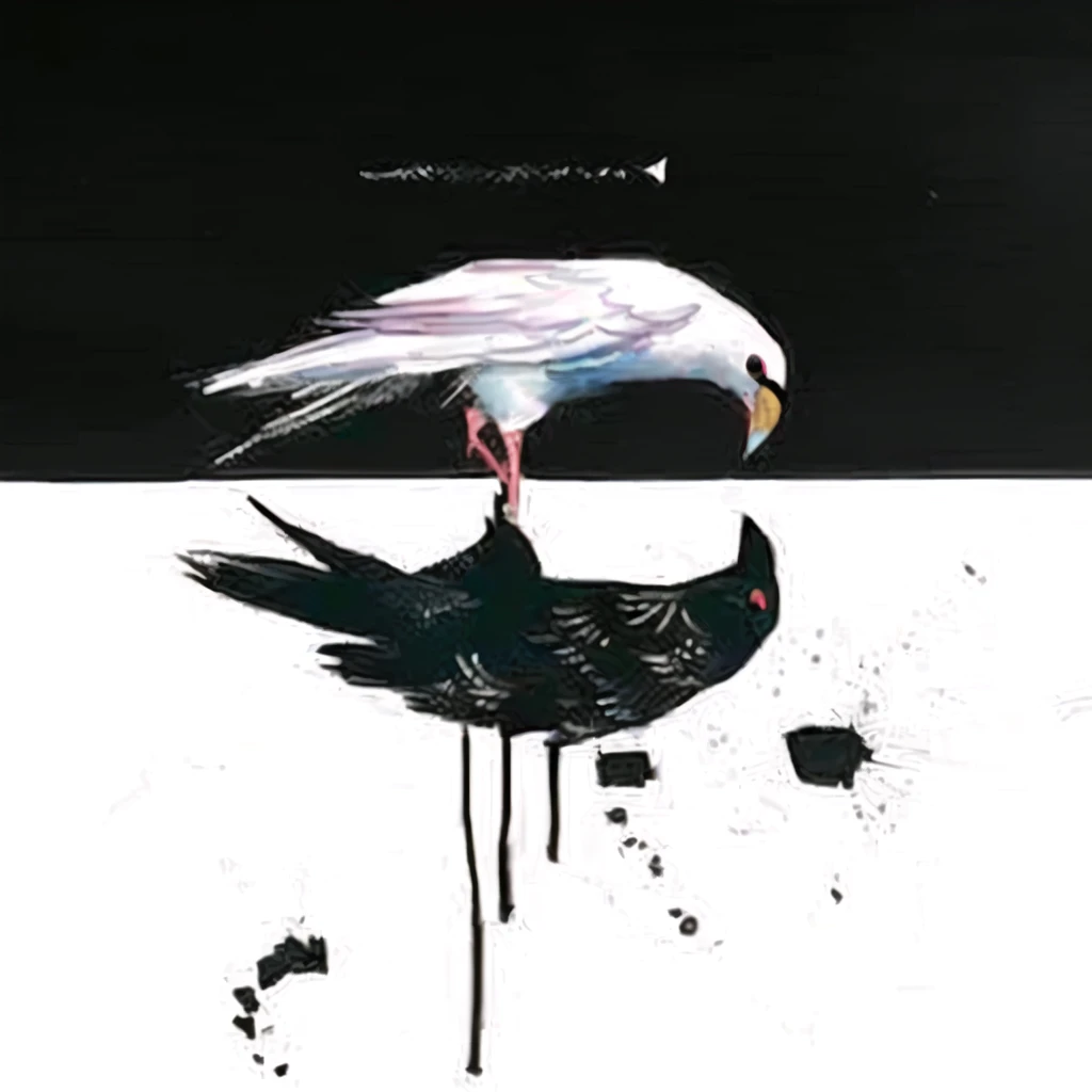 bird with a black beak and a white bird with a red beak, by Hannah Frank, kathe butcher, Direction: Emily Shanks, artistic drawing of a crow