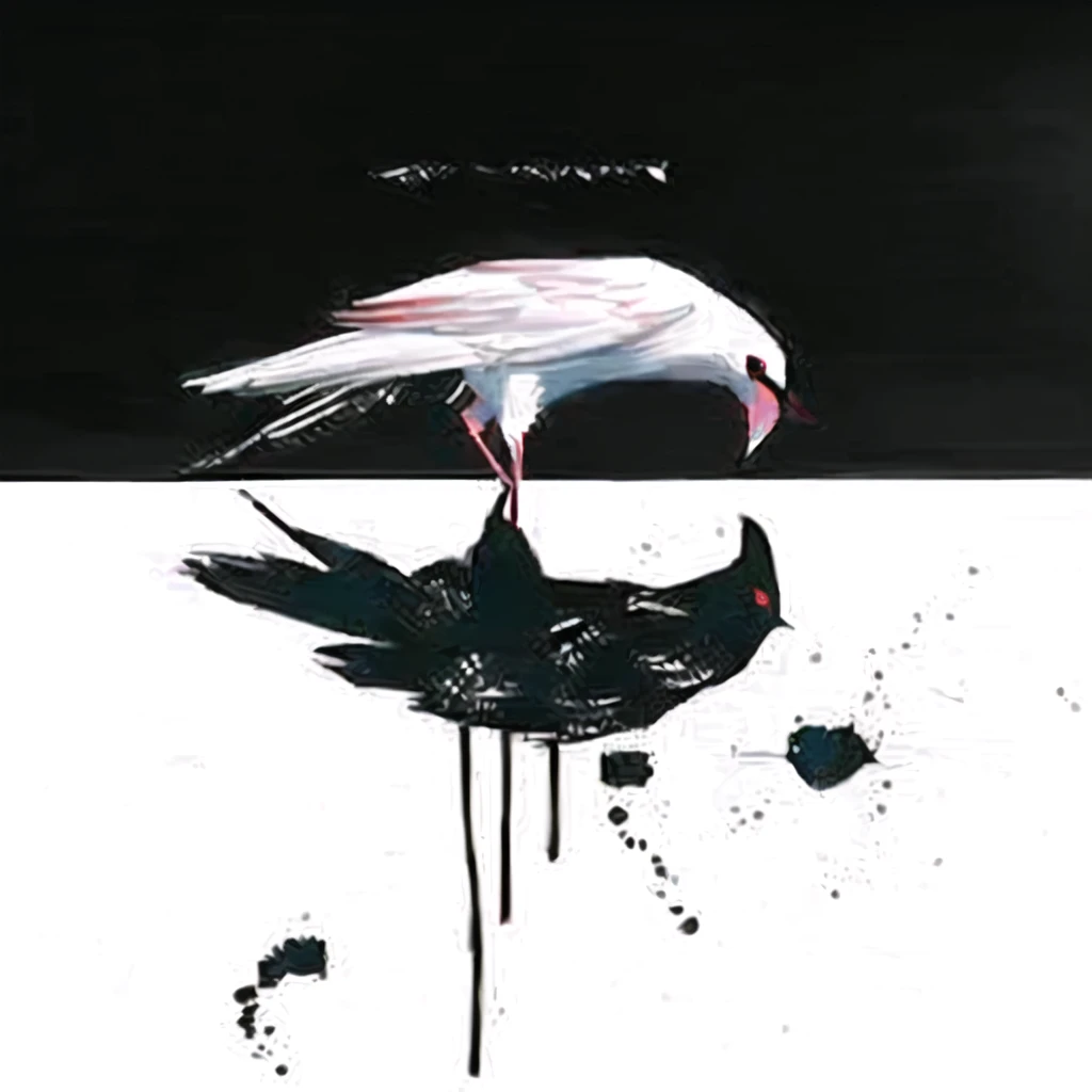 bird with a black beak and a white bird with a red beak, by Hannah Frank, kathe butcher, Direction: Emily Shanks, artistic drawing of a crow
