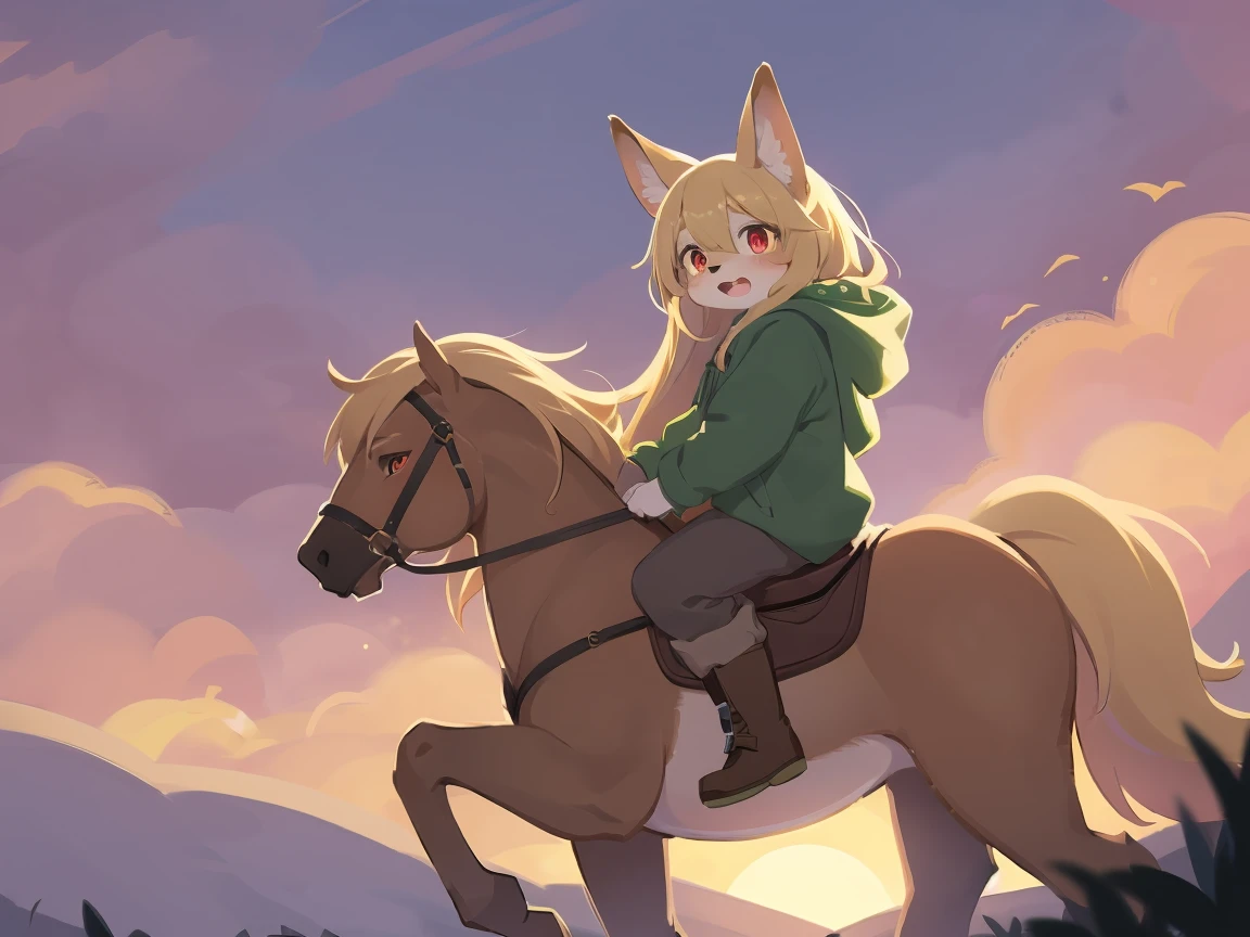 the fox, , was hairy, shaggy, skin fur, smooth lashes, golden fur, forelimb hands, straight long blonde hair, solid circle eyes, golden ears, golden fur, golden facial fur, shiny hair, red eyes, super cute face, 1fox tail, fluffy tail, furry tail, glowing eyes, green coat green hood down, brown trousers, riding unsaddled horse, open mouth, embarrassed, ambient light, ultra-fine fur, dashed eyes, full body, masterpiece, high quality, high-details, best quality, wide short, (((solo))), twilight, sun light, red sky, rim light