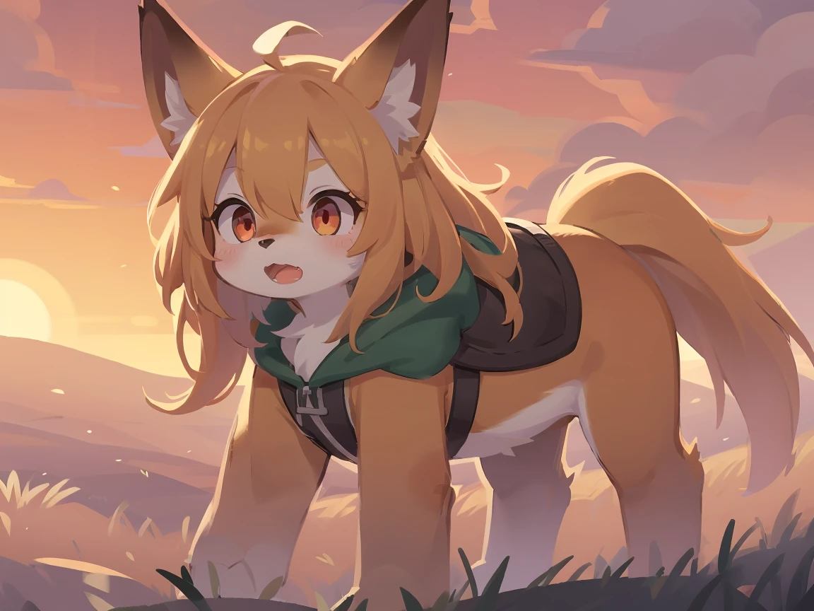  the fox, , was hairy, shaggy, skin fur, smooth lashes, golden fur, forelimb hands, straight long blonde hair, solid circle eyes, golden ears, golden fur, golden facial fur, shiny hair, red eyes, super cute face, 1fox tail, fluffy tail, furry tail, glowing eyes, green coat green hood down, brown trousers, riding unsaddled horse, open mouth, embarrassed, ambient light, ultra-fine fur, dashed eyes, full body, masterpiece, high quality, high-details, best quality, wide short, (((solo))), twilight, sun light, red sky, rim light