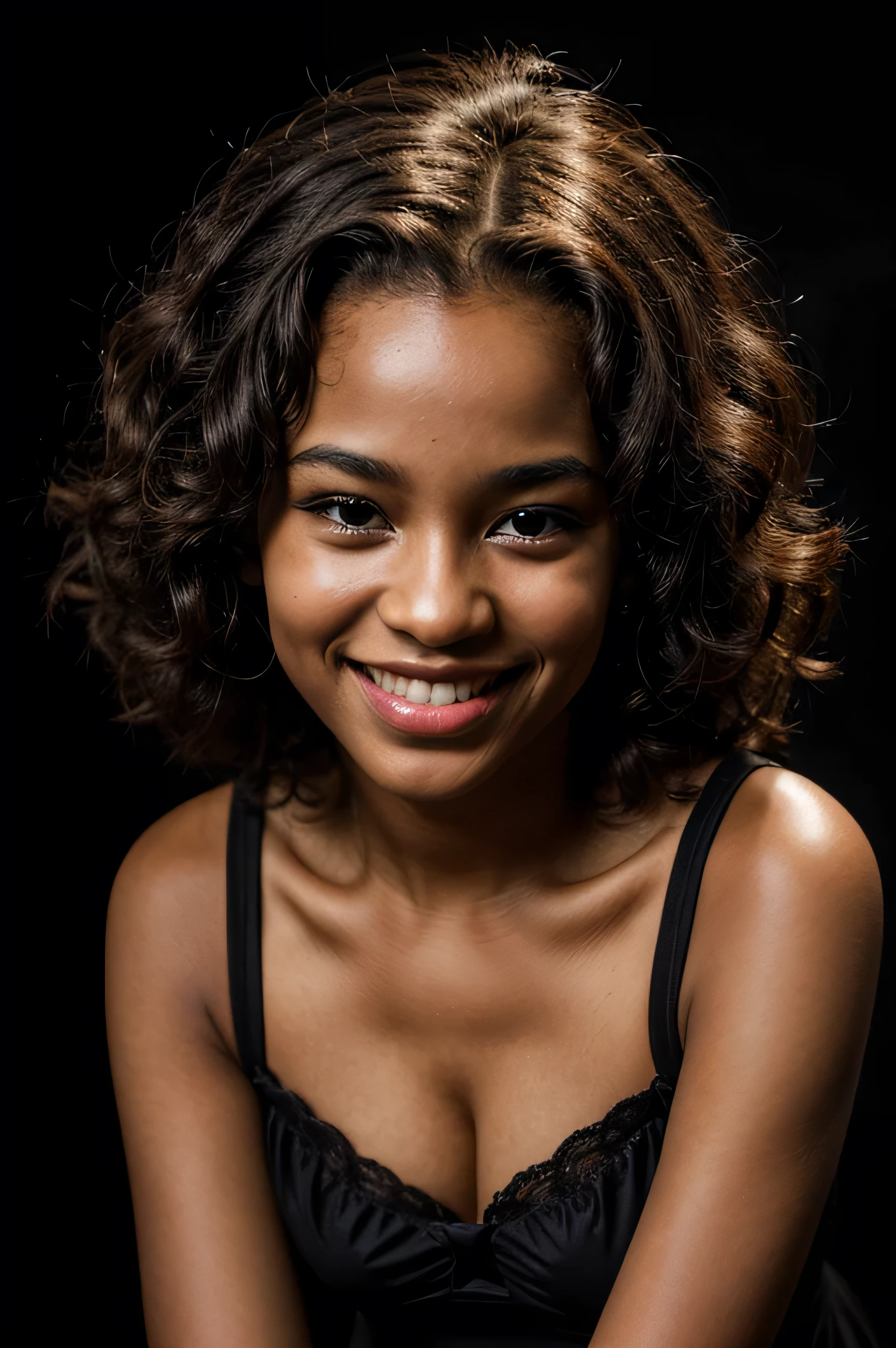 face perfect, beautiful face of a 12 year old black woman, Smiling beautiful, with black background