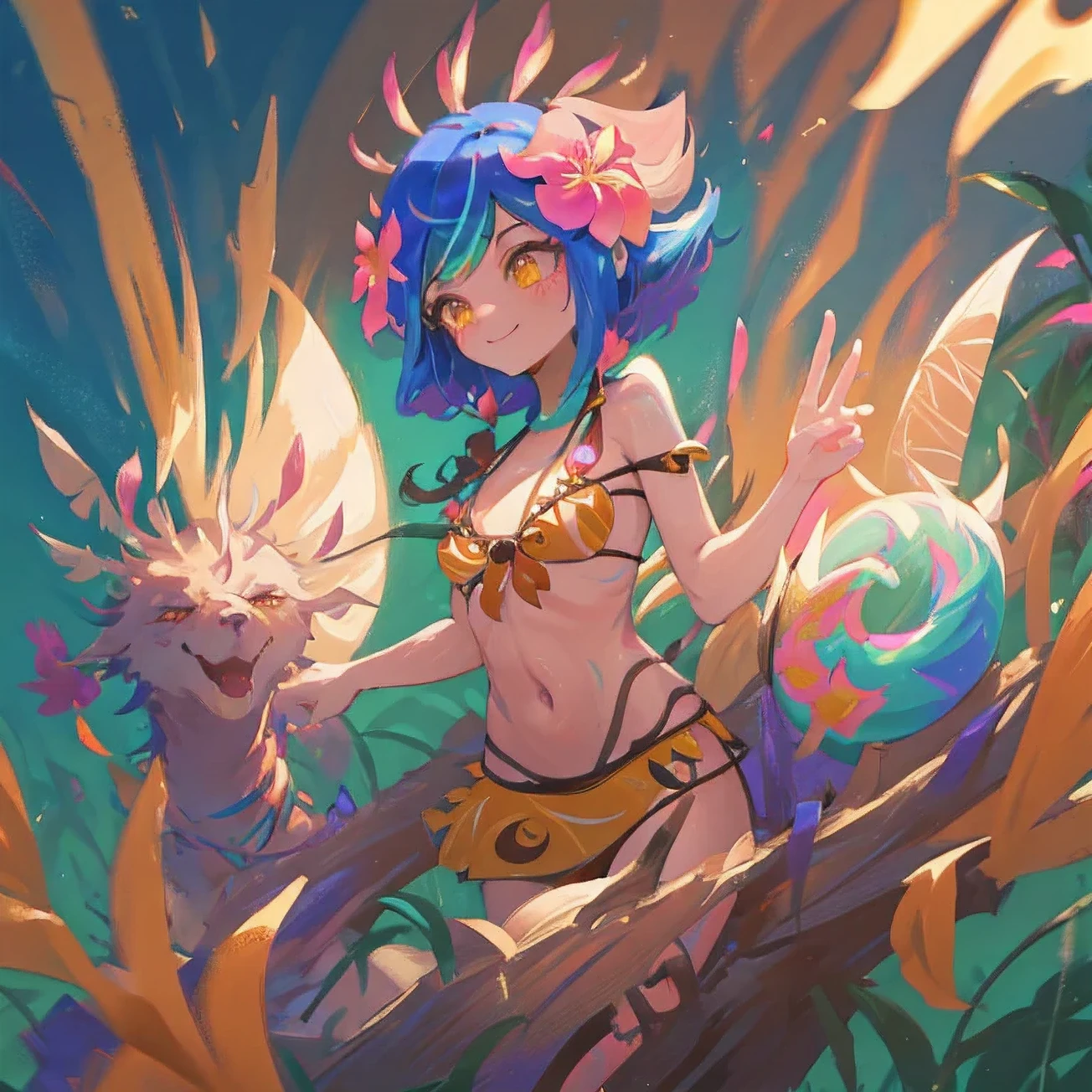 Neeko, hair ornamen, hair flower, bodypaint, calango tail, multicolored skin sexy smile, looking to the down, clear image, well-lit, micro brown bikini, zoom out, multicolored fire around,