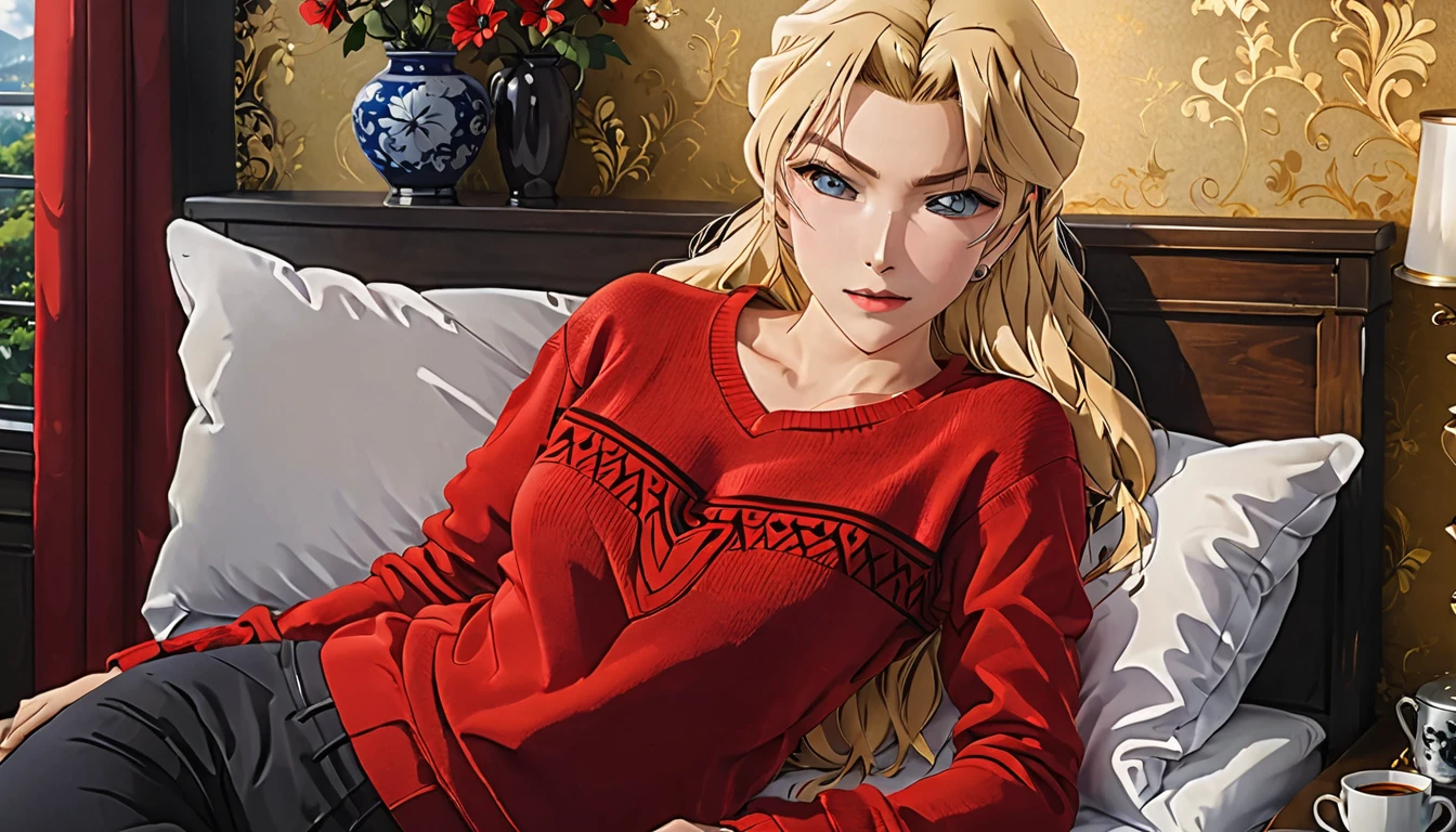 (masterpiece, best quality:1.5), ((Extremely detailed)), high resolution，Anime style，（Beautiful blonde woman, lying on the bed, red sweater, comfortable posture, perfect figure：1.3）