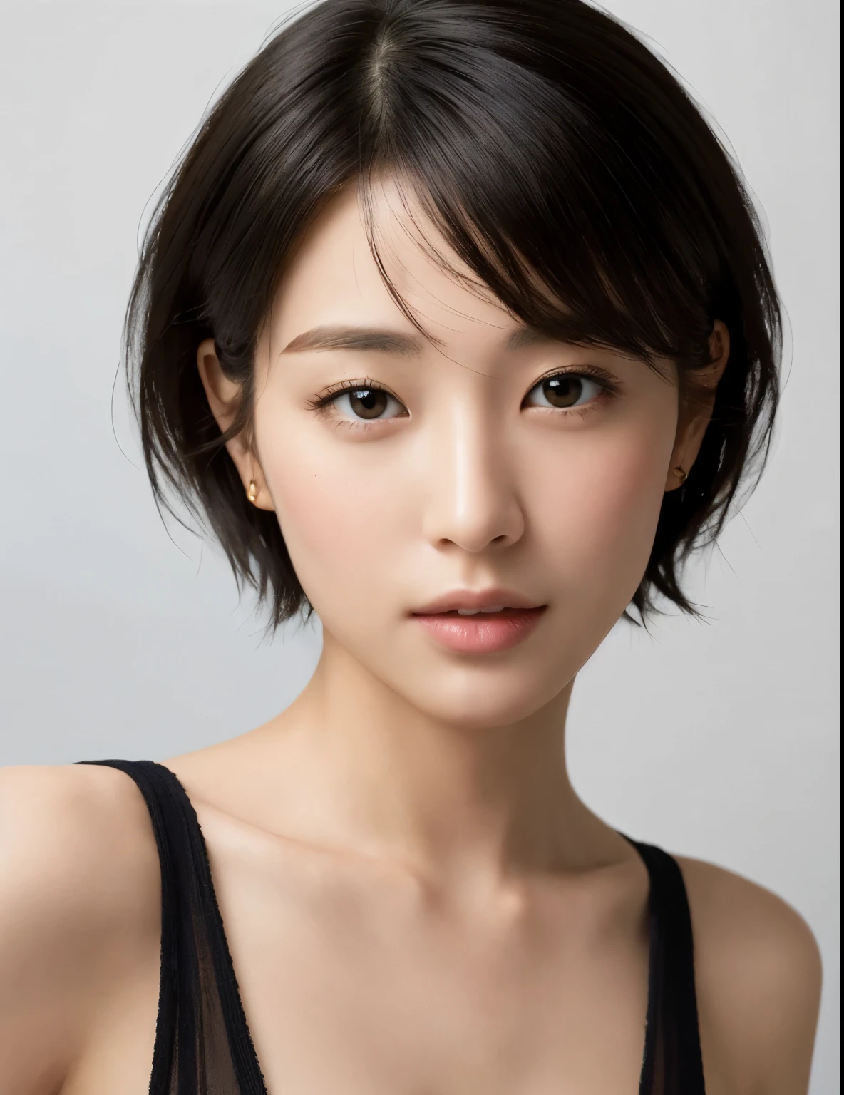 (masterpiece:1.3), (8K, Photorealistic, Live Shooting, Highest quality: 1.4),Close-up of face、Portraiture、 Japanese, (1 Female),solo,Beautiful Prostitute、 Facial beauty, (Realistic Face), (Black Hair, short hair:1.3), Beautiful hairstyle, Realistic eyes, Beautiful details in the eyes, (Realistic Skin), Beautiful Skin, Charm, Ultra-high resolution, Ultra-realistic, High detail, Golden Ratio, (Detail Face:1.2), See who's watching,A sloppy smile,nude,No underwear、Huge boobs、Pink nipples 、At the hotel、