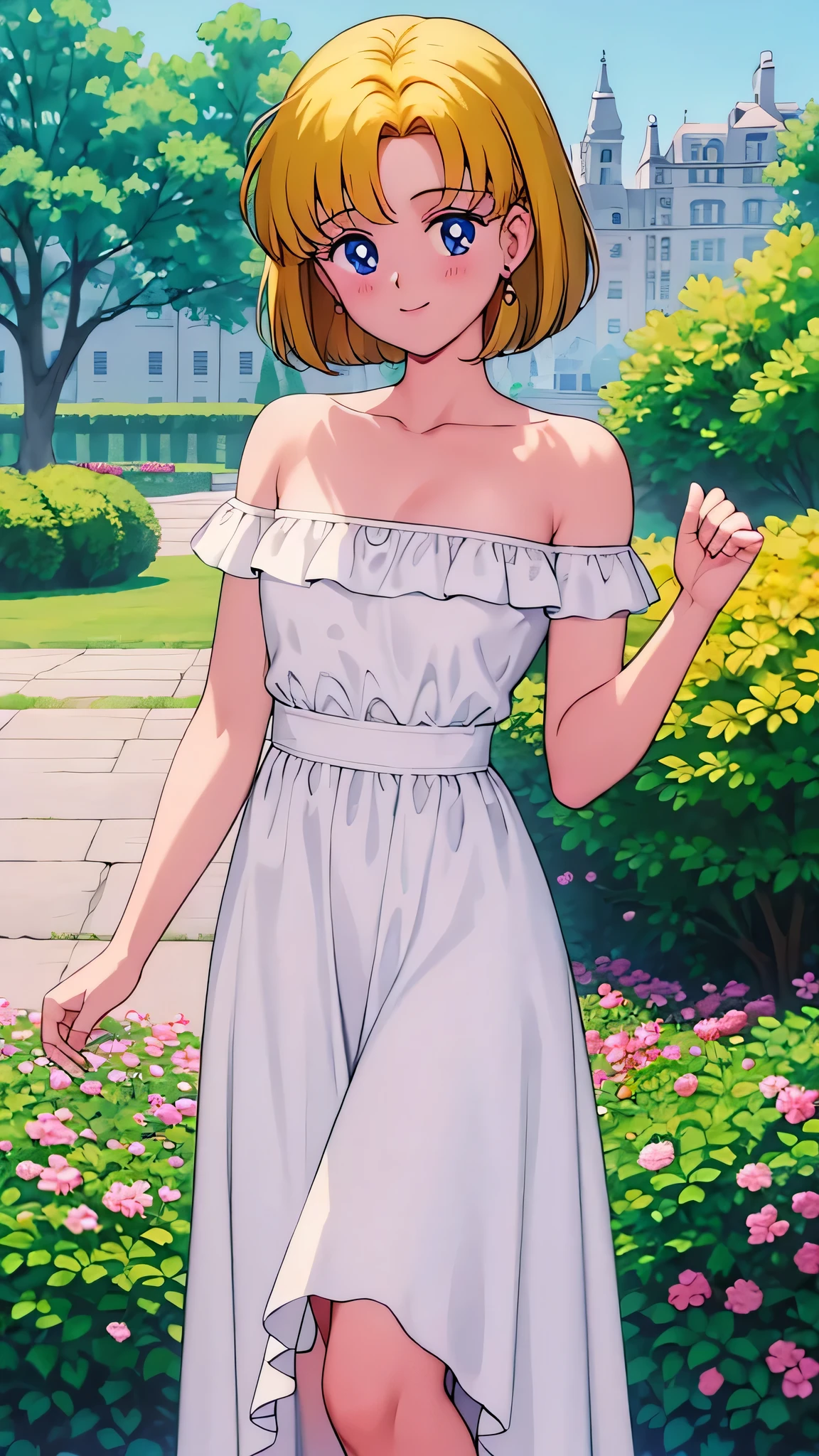 1990s \(style\), masterpiece, best quality, highres, outdoors, small breasts, 1 girl, Solo, UsagiTsukino, Blue Eyes, Beautiful Detail Eyes, Yellow Bob Hair, Good hands are down, Smile, Blushing, Bare Neck, Bare Shoulders, strapless, White Ruffle Off-the-Shoulder maxi dress. Cowboy shot. A mansion with a lake and a green maze. In the center. Standing straight