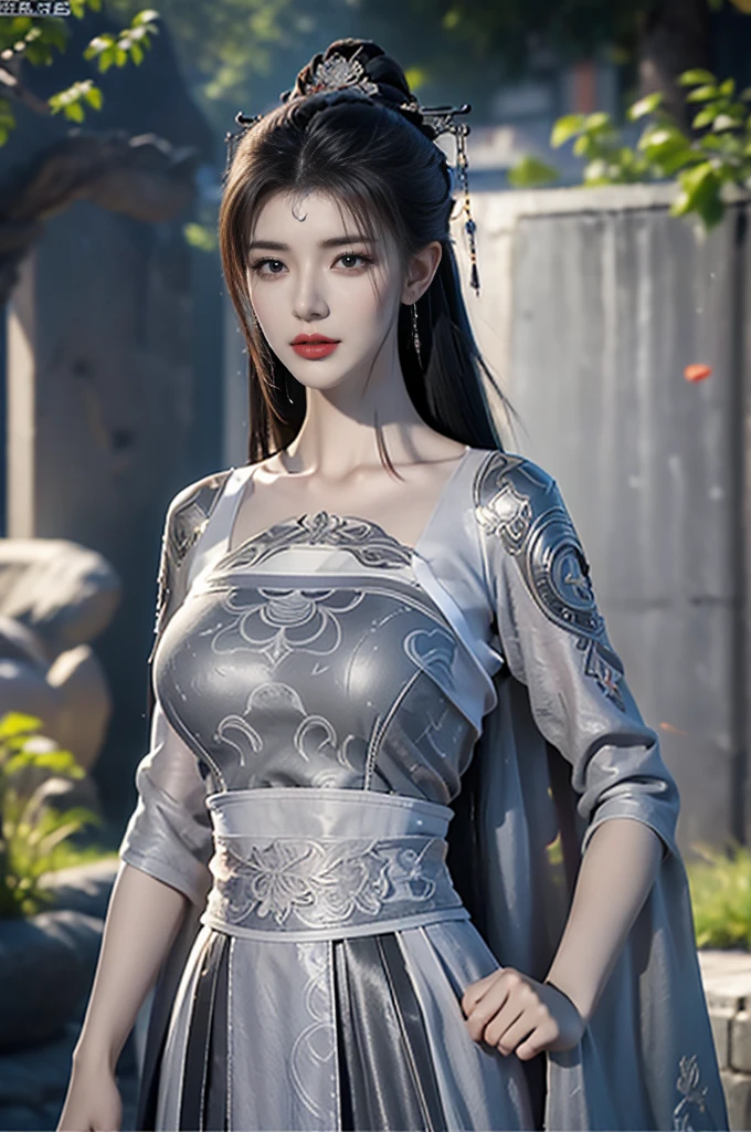 masterpiece,Game Art,Best image quality,Highest Resolution,8K,(Portraiture),Unreal Engine 5 rendering,(Digital photography),((Portraiture Feature:1.5)),
20-year-old girl,Short Hair Details,Long Bangs,(The red eye makeup is very careful),(of long gray hair:1.4),(big, Ample breasts),Elegant and noble,Brave and attractive,
(Futuristic armor combines features of ancient Chinese armor,Hollow Design,Power Armor,Mystical oriental runes,Delicate dress patterns,Magical inspiration),Future Warrior,cyberpunk figures,war background,
Cinema Lighting，Ray Tracing，Game CG，((3D Unreal Engine))，OC Rendering Reflective Pattern