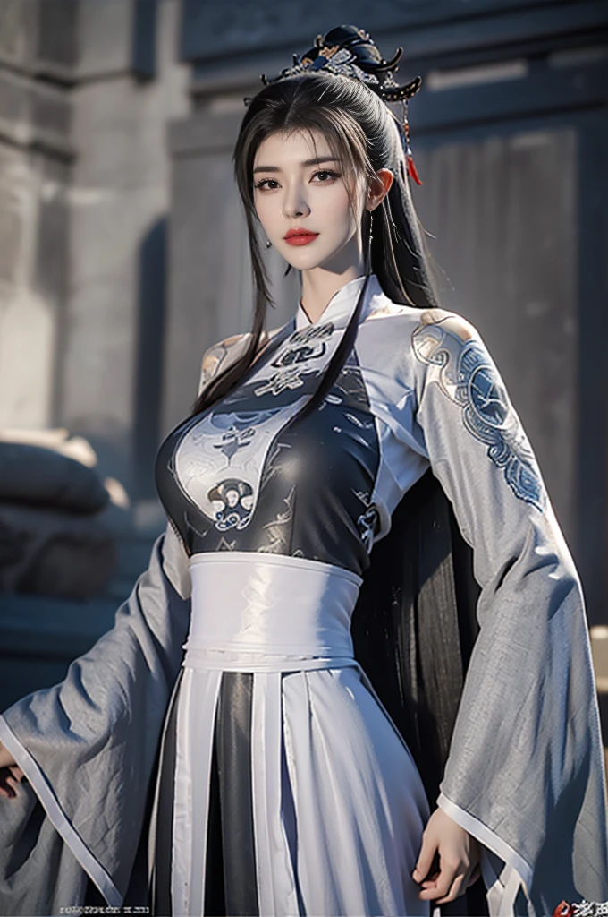 masterpiece,Game Art,Best image quality,Highest Resolution,8K,(Portraiture),Unreal Engine 5 rendering,(Digital photography),((Portraiture Feature:1.5)),
20-year-old girl,Short Hair Details,Long Bangs,(The red eye makeup is very careful),(of long gray hair:1.4),(big, Ample breasts),Elegant and noble,Brave and attractive,
(Futuristic armor combines features of ancient Chinese armor,Hollow Design,Power Armor,Mystical oriental runes,Delicate dress patterns,Magical inspiration),Future Warrior,cyberpunk figures,war background,
Cinema Lighting，Ray Tracing，Game CG，((3D Unreal Engine))，OC Rendering Reflective Pattern