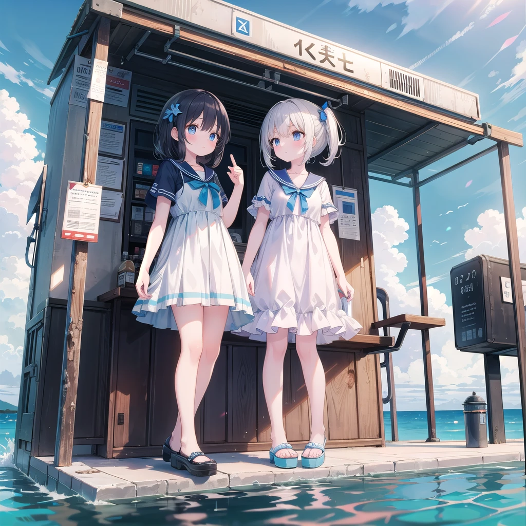 masterpiece, best quality, high resolution, extremely detailed CG, Post-apocalyptic, a girl in a white dress on a broken white platform on the sea, a deserted bus stop on the platform, a few pieces of concrete scattered in the water, blue sky, fresh, simple, pastel colors