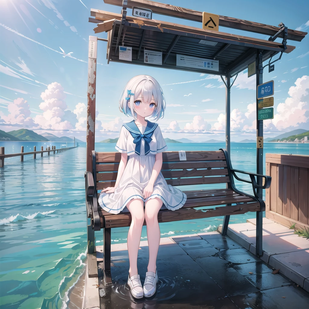 masterpiece, best quality, high resolution, extremely detailed CG, Post-apocalyptic, a girl in a white dress on a broken white platform on the sea,  a deserted bus stop on the platform, a few pieces of concrete scattered in the water, blue sky, fresh, simple, pastel colors