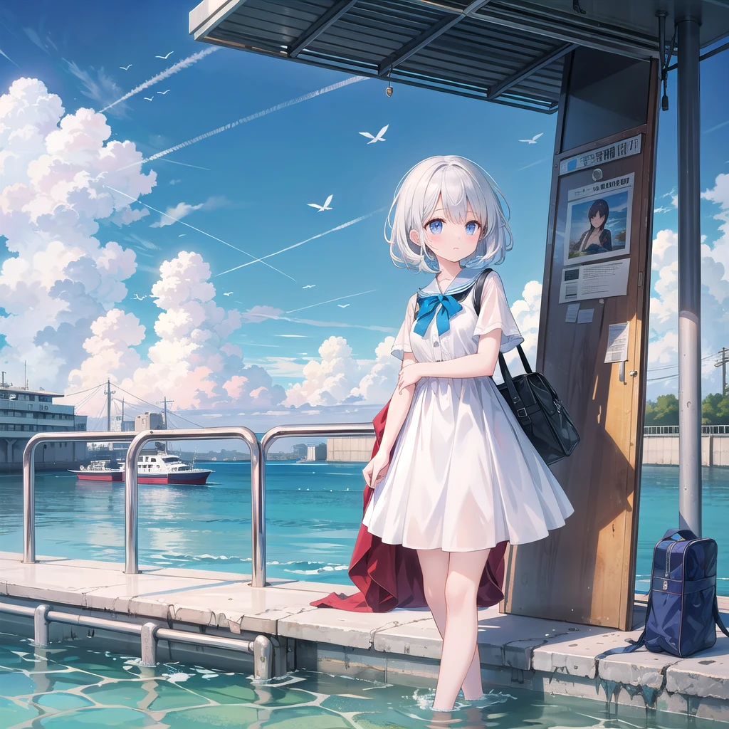 masterpiece, best quality, high resolution, extremely detailed CG, Post-apocalyptic, a girl in a white dress on a broken white platform on the sea,  a deserted bus stop on the platform, a few pieces of concrete scattered in the water, blue sky, fresh, simple, pastel colors