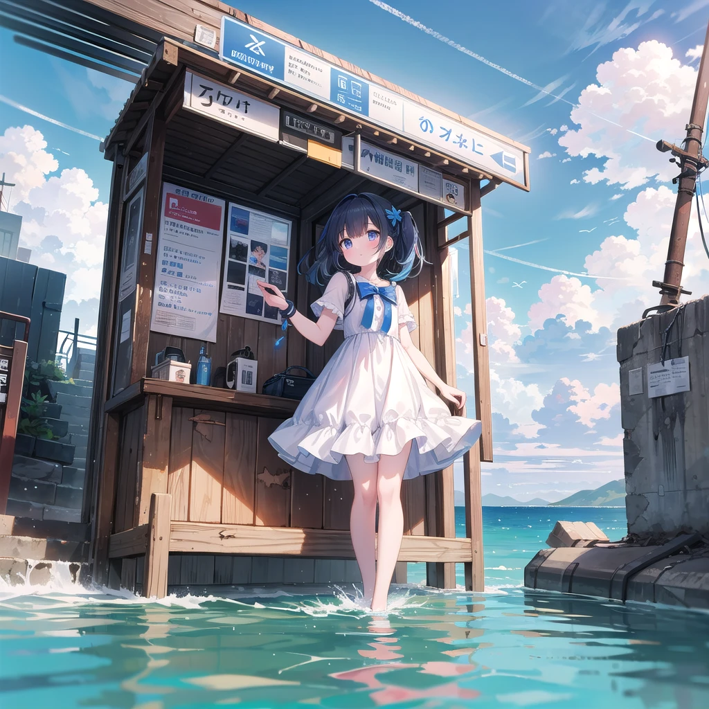 masterpiece, best quality, high resolution, extremely detailed CG, Post-apocalyptic, a girl in a white dress on a broken white platform on the sea,  a deserted bus stop on the platform, a few pieces of concrete scattered in the water, blue sky, fresh, simple, pastel colors