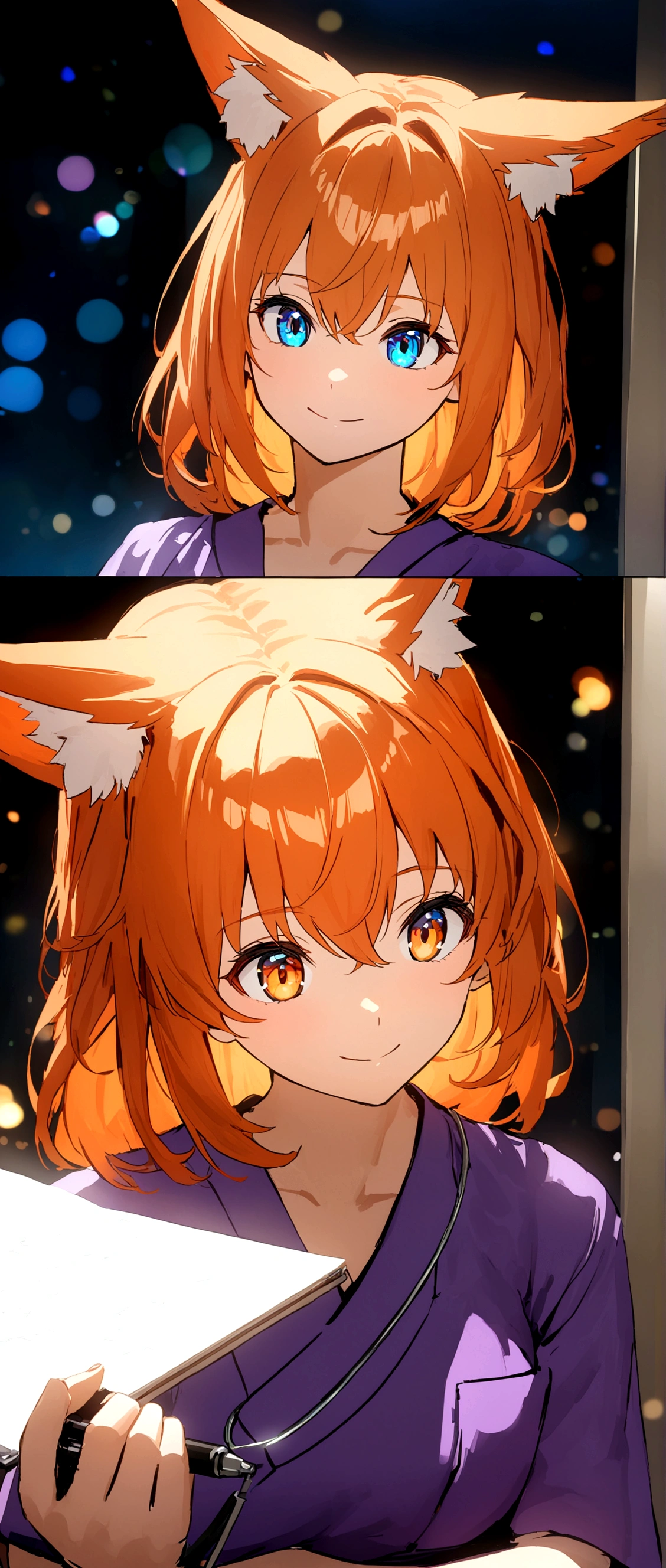 A beautiful anime fox girl with vibrant orange hair, a radient smile, and stunning eyes, wearing violet medical scrubs in a hospital setting, half-body portrait view, , intently focused on writing something,UHD,physically-based rendering,professional,vivid colors,bokeh,anime,HDR