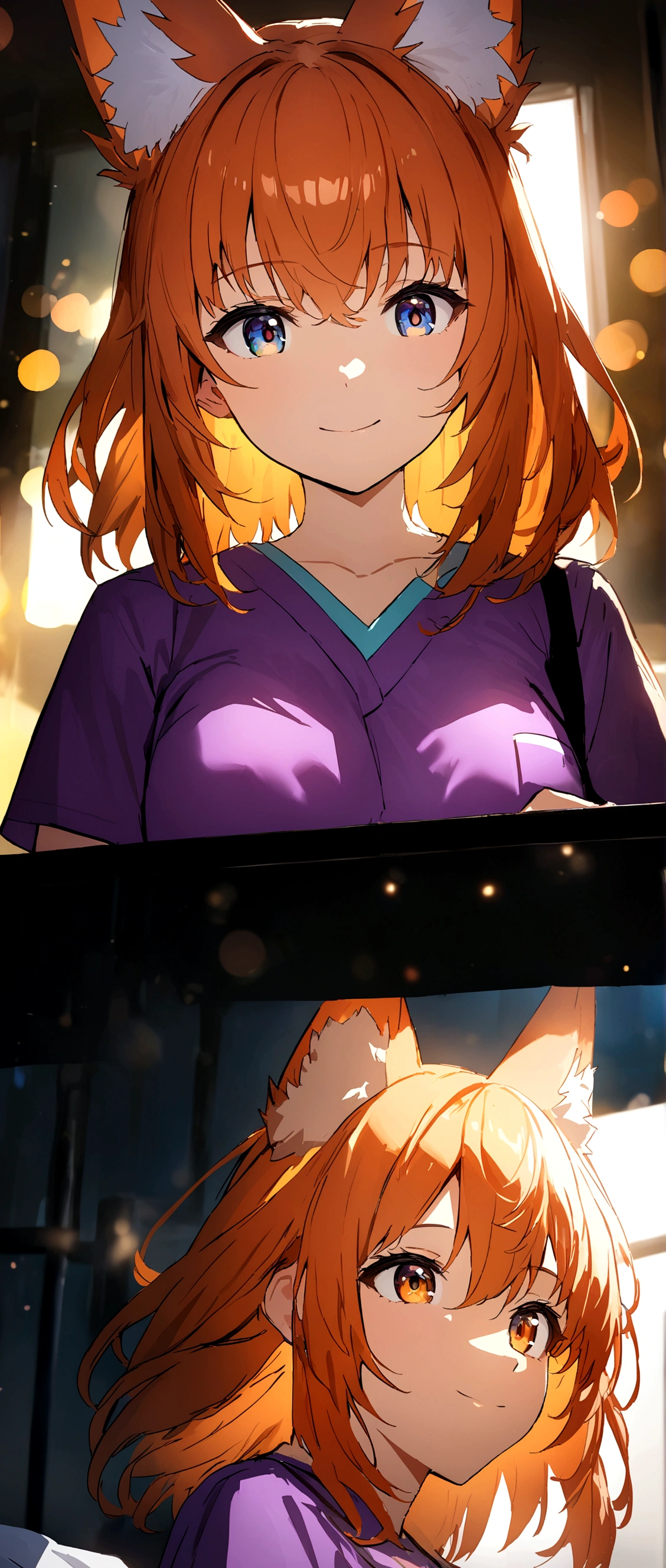 A beautiful anime fox girl with vibrant orange hair, a radient smile, and stunning eyes, wearing violet medical scrubs in a hospital setting, half-body portrait view, , intently focused on writing something,UHD,physically-based rendering,professional,vivid colors,bokeh,anime,HDR