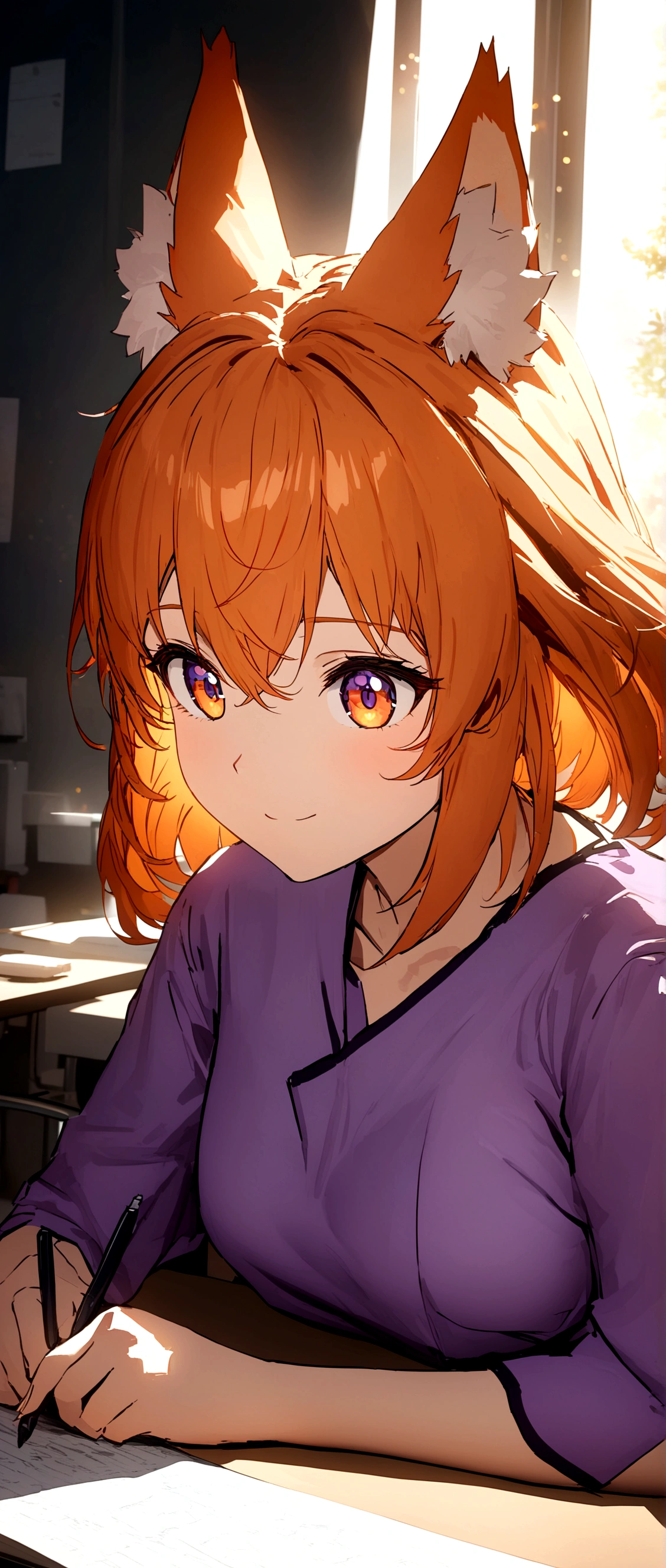 A beautiful anime fox girl with vibrant orange hair, a radient smile, and stunning eyes, wearing violet medical scrubs in a hospital setting, half-body portrait view, , intently focused on writing something,UHD,physically-based rendering,professional,vivid colors,bokeh,anime,HDR