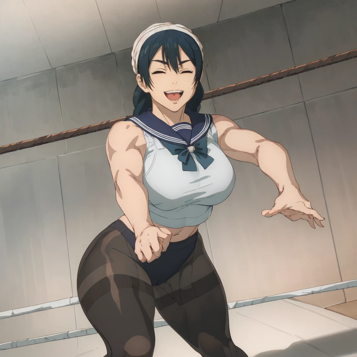 masterpiece,highres,high quality,extremely detailed,solo
looking at viewer,smile,open mouth,one eye closed,
RikoAmanai,1girl,
single braid,
head scarf,
serafuku,blue ribbon,
, (Fighting sexy pose), (Wrestling ring), (Big tits), (Wide Hips),
pantyhose,
stylish_pose,Smelly socks