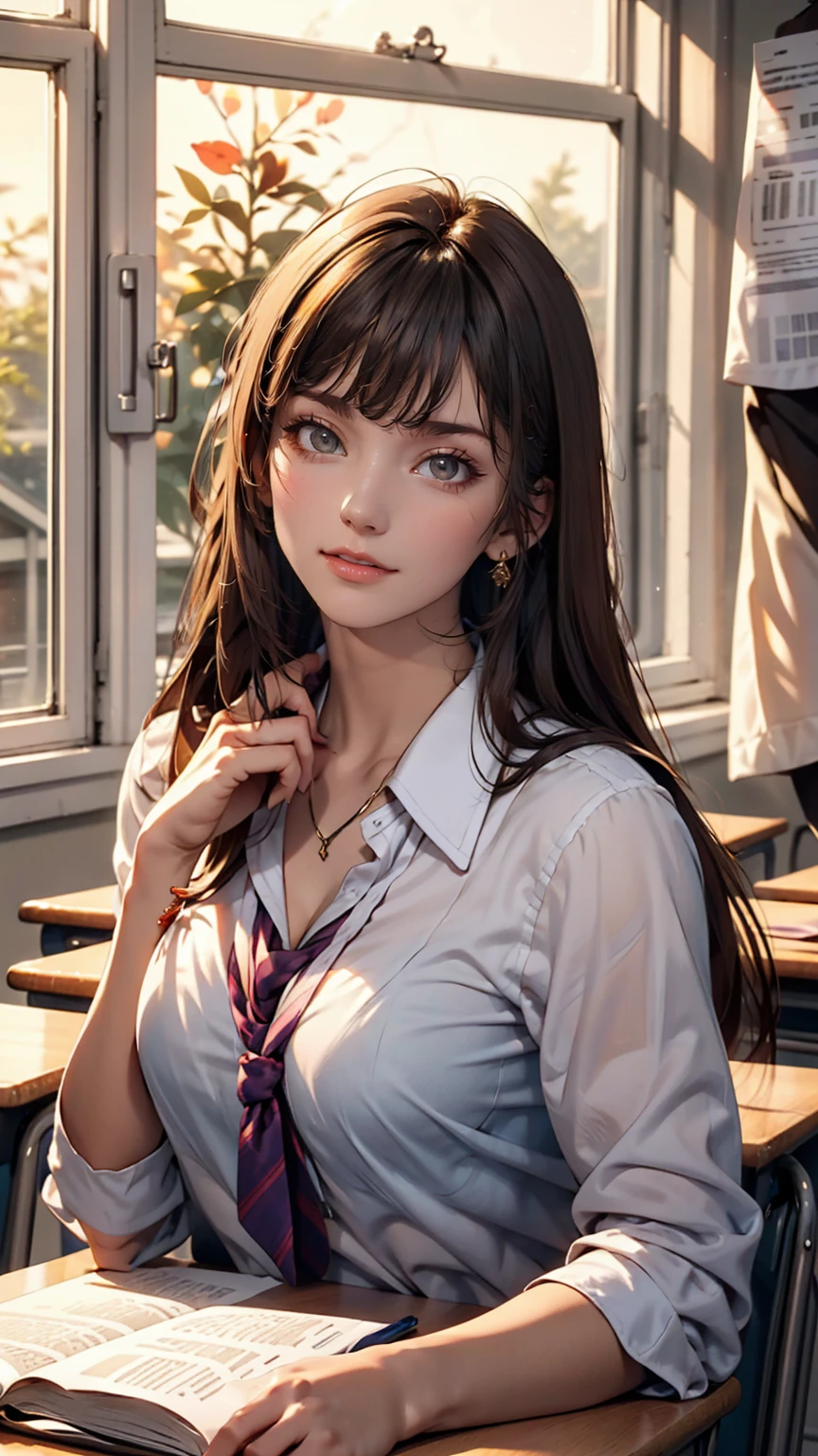 masterpiece, Highest quality, One girl, alone, , high school student、Japanese, Brown Hair, Long Hair, Purple eyes, Side-parted bangs, Short bangs, smile, Medium chest, Classroom after school、Sunset shining through the window、Only one person、I'm sitting by the window、Looking out the window、Vision、Sailor suit、Unbuttoned to reveal her bra、Sheer blouse、Wear a scrunchie on your wrist、tiny micro bra